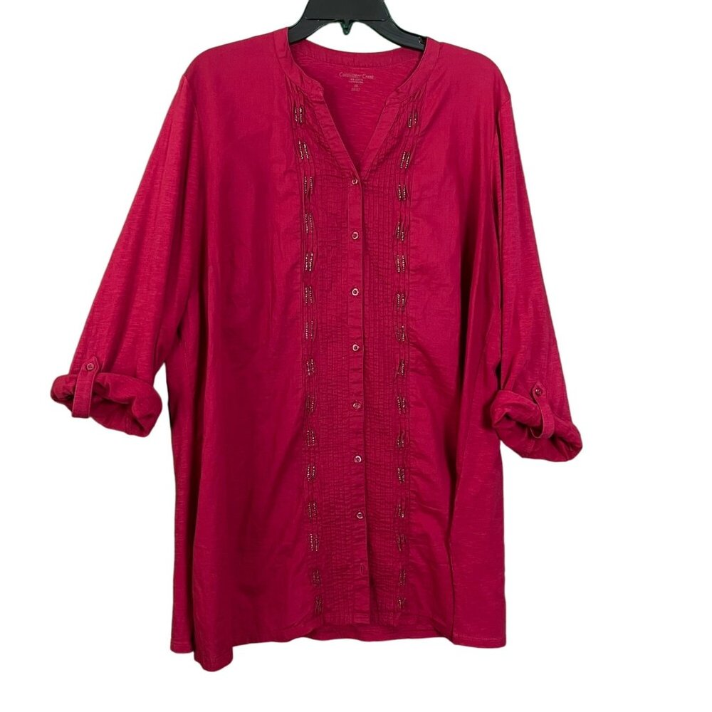Coldwater Creek Burgundy Tunic Top Bead Accent Pintuck V-Neck Tab Sleeve Size 2X